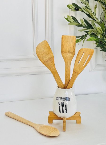 طقم 4 معالق خشب + قاعدة بورسلان