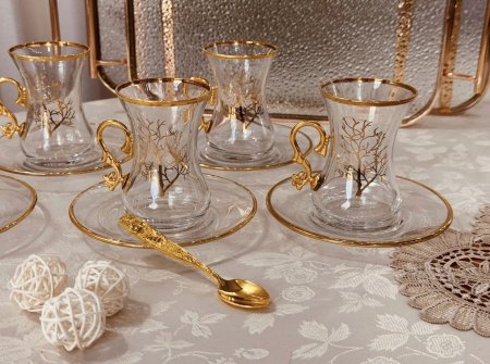 طقم 6 + 6 صحن كاسات قرفة وشاي مخصور