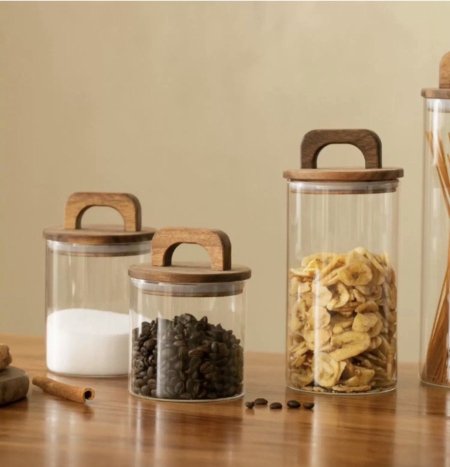 طقم 3 مرتبان زجاج غطي خشب