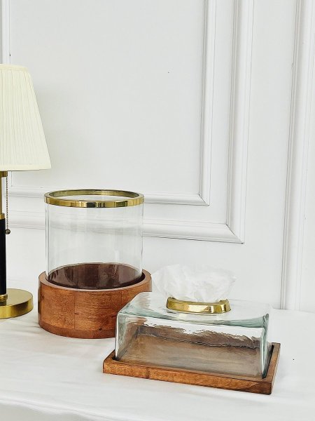 طقم سلة وعلبة محارم خشب وزجاج هندي