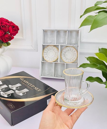 طقم كاسات شاي 6 + 6 صحن محزز