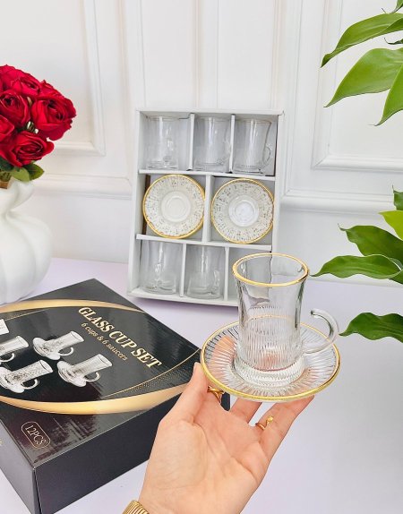 طقم كاسات شاي 6+6 صحن محزز