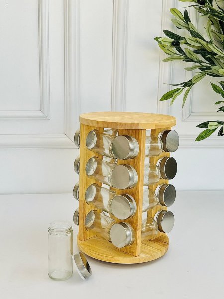 طقم 16 علب بهارات زجاج + رف خشب دولاب