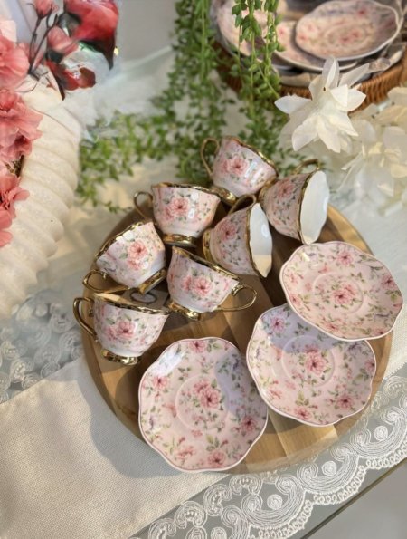 طقم 12 الفنجان قهوة ورد زهري