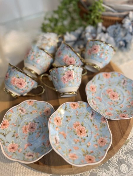 طقم 12 الفنجان قهوة ازرق ورد