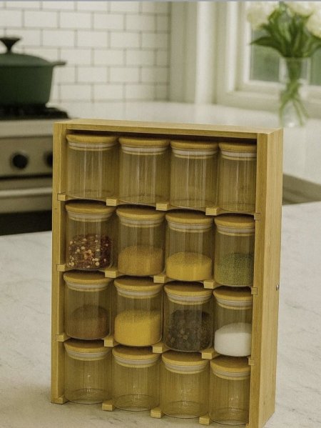 طقم 16 العلبة بهارات زجاج + رف + كرت لاصق بهار